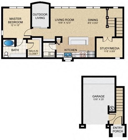 Largest One Bedroom & One Bathroom. Attached Garage. Bedroom offers Walk-In-Closet, Kitchen Island, Study/Den Area, and cozy Private Patio. at Mission Hills Apartments, San Antonio, TX, 78258